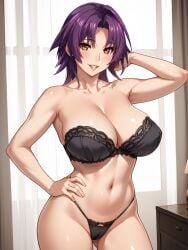 ai_generated azuma_marina big_breasts black_bra black_panties black_underwear isogil kashidashi_tsuma_marina_no_"netorase"_houkoku_binkan_tsuma_to_zetsurin_daigakusei looking_at_viewer purple_hair yellow_eyes