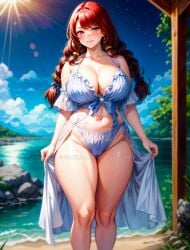 ai_generated anime cleavage divine_beauty dress fairy_tail goddess hair_ribbon irene_belserion lake large_breasts looking_at_viewer looking_pleasured mature_female medieval milf navel panties red_hair revealing_dress scarlizz sexy shore smile sun thick_thighs twin_pigtails twintails voluptuous voluptuous_female water white_dress witch wood wooden_post