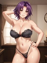 ai_generated azuma_marina big_breasts black_bra black_panties black_underwear isogil kashidashi_tsuma_marina_no_"netorase"_houkoku_binkan_tsuma_to_zetsurin_daigakusei looking_at_viewer purple_hair yellow_eyes