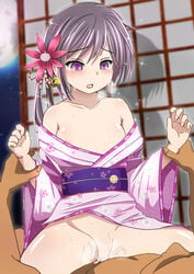 1boy akebono_(kantai_collection) arm_grab bare_shoulders bell blush breasts cowgirl_position cum cum_in_pussy female flower full_moon hair_bell hair_flower hair_ornament highres japanese_clothes kantai_collection kimono kimono_lift kuroame_(kurinohana) long_hair moon nipples off_shoulder open_mouth purple_eyes sex shouji side_ponytail sky sliding_doors star_(sky) starry_sky straddling sweat tears