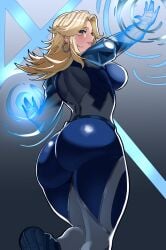 1girls ass ass_focus blonde_hair blue_eyes bodysuit breasts curvaceous curvy_figure earrings female female_only invisible_woman invisible_woman_(marvel_rivals) large_ass looking_back marvel marvel_rivals milf pawg perfect_ass shoulder_length_hair sideboob skin_tight smiling_at_viewer sue_richards sue_storm viewed_from_behind