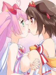 2girls animal_ears bangs black_hair blush breast_press breasts cat_ears eye_contact female holmy_(show_by_rock!!) kissing looking_at_another multiple_girls nipples pink_hair rosia_(show_by_rock!!) show_by_rock!! symmetrical_docking takano_natsuki yuri