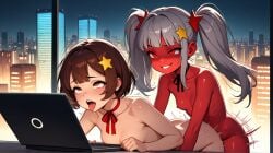 2girls ahegao_face ai_generated blushing brown_eyes brown_hair chirritox city city_background drooling from_behind grey_hair hispanic_virtual_youtuber laptop neck_ribbon night on_desk pigtails pleasure_face red_eyes red_skin ribbon skyscraper starvtuber tiny_breasts tongue_out virtual_youtuber vtuber vtuberfanart yuri