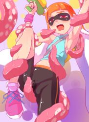 anthro armpits bike_shorts breasts cephalopod cephalopod_humanoid clothed clothed_female clothing female humanoid inkling inkling_girl mask_(marking) nintendo open_mouth orange_eyes orange_hair pointy_ears rei_oe small_breasts smooth_skin splatoon splattershot squid tentacle tentacle_hair tentacle_sex