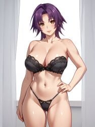 ai_generated azuma_marina big_breasts black_bra black_panties black_underwear isogil kashidashi_tsuma_marina_no_"netorase"_houkoku_binkan_tsuma_to_zetsurin_daigakusei looking_at_viewer purple_hair yellow_eyes