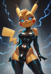 ai_generated anthro bulge electricity futanari gloves latex pikachu pokemon thighhighs