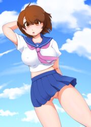 aniya_marumi arm_up blue_skirt blue_sky breasts brown_eyes brown_hair cloud dutch_angle erect_nipples eyes_visible_through_hair faxbunny female large_breasts looking_at_viewer no_panties no_pupils ooo_(^_^) open_mouth original outdoors pleated_skirt pussy school_uniform serafuku short_hair skirt sky solo upskirt