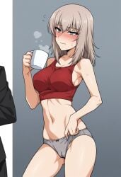 ai_generated blue_eyes blush cameltoe coffee girls_und_panzer grey_hair itsumi_erika panties sleepy tank_top zfivefan