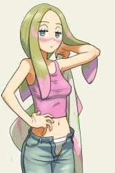 1girls blonde_hair blue_eyes digital_drawing_(artwork) digital_media_(artwork) female female_focus female_only hand_on_hip looking_at_viewer matsurika_(pokemon) mina_(pokemon) navel paint paint_on_self painted_face panties pokemon pokemon_sm simple_background tank_top tsuwitchii84 unbuttoned unbuttoned_pants underwear