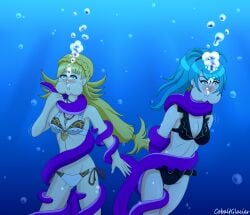 2girls _cobaltglacier bikini blonde_hair blue_eyes choking drowning fire_emblem fire_emblem_heroes octopus peril petite puffy_cheeks reginn_(fire_emblem) restrained sharena_(fire_emblem) swimsuit tentacle underwater