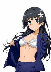 1girls ai_generated belly_button black_hair light-skinned_female light_skin looking_at_viewer midriff navel navel_tease open_clothes open_shirt saten_ruiko solo to_aru_majutsu_no_index white_background white_bra