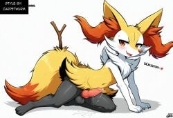 ai_generated anthro balls blush bodily_fluids braixen canid collar cum ear_piercing erection fur generation_6_pokemon genital_fluids genitals girly heart hellsonger hi_res humanoid_genitalia humanoid_penis inner_ear_fluff jewelry looking_at_viewer male mammal nintendo penis piercing pokemon pokemon_(species) precum red_eyes simple_background smile solo thick_thighs tuft white_background white_body white_fur yellow_body yellow_fur