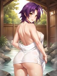 ai_generated ass azuma_marina isogil kashidashi_tsuma_marina_no_"netorase"_houkoku_binkan_tsuma_to_zetsurin_daigakusei looking_at_viewer nude onsen purple_hair towel water yellow_eyes