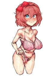 chubby_belly huge_breasts lingerie sagging_belly sagging_breasts saggy_breasts sayori_(doki_doki_literature_club) suiabest sweat