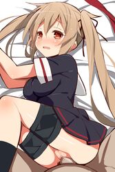 1boy 1girls 9law black_skirt brown_hair censored clothed_sex clothing female highres kantai_collection legs_together long_hair male murasame_(kantai_collection) open_mouth penetration penis pointless_censoring pussy red_eyes school_uniform serafuku sex shirt skirt skirt_lift solo_focus straight tied_hair twintails vaginal_penetration