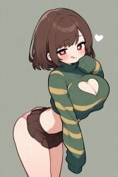 1girls 2022 2d ai_generated ass big_ass big_breasts bottomless breasts brown_hair bubble_butt captain_kirb_undertale_(style) chara clothing commission dat_ass fat_ass female female_only huge_ass human looking_at_viewer looking_back no_panties red_eyes short_hair sideboob solo sweat sweatdrop sweater thick_thighs thighhighs undertale undertale_(series) undertale_captain_kirb_(style) wide_hips