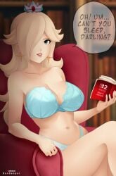 1girls artist_name big_breasts blonde_hair blue_bra blue_eyes blue_panties book bow bow_bra bra bra_and_panties breasts cleavage crown large_breasts legs_crossed long_hair looking_at_viewer manual mario_(series) navel nidavellirstudios one_eye_covered panties princess_rosalina solo super_mario_galaxy underwear