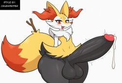 absurd_res ai_generated anthro balls big_balls big_penis blush bodily_fluids braixen canid canine cum ejaculation erection fur generation_6_pokemon genital_fluids genitals girly heart hellsonger hi_res huge_balls huge_cock huge_hips huge_thighs hyper hyper_balls hyper_genitalia hyper_penis inner_ear_fluff male mammal nintendo penis pokemon pokemon_(species) simple_background smile solo sweat thick_thighs tuft white_background wide_hips