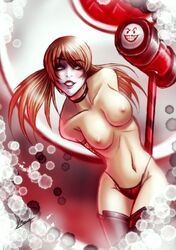 1girls batman_(series) blonde_hair blue_eyes breasts collar dc dc_comics female female_only hammer harley_quinn karosu-maker lipstick make-up melee_weapon navel nipples panties solo thighhighs topless war_hammer weapon