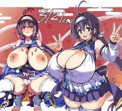 blue_skirt breasts cleavage detached_sleeves frilled_skirt frills green_eyes highres hirowa_nagi huge_breasts japanese_clothes kneehighs large_areolae miko miniskirt off_shoulder open_mouth original panties ponytail purple_hair skirt smile socks spread_legs squatting stirrup_legwear toeless_legwear underwear v white_panties white_socks