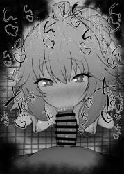 1boy 1girls :>= ahoge big_penis black_and_white blowjob blue_archive blush breasts censored dark-skinned_male dark_skin detailed_background drooling eyelashes fellatio female heart human indoor inside interracial kurotama long_hair looking_at_viewer male male_pov natsu_(blue_archive) oral oral_sex penis pov room saliva saliva_trail shiny shiny_skin sketch small_breasts sound_effects squatting sweat text tied_hair vein veins veiny veiny_penis