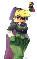 big_breasts big_thighs brown_pupils cape green_body orange_skin patch purple_cape solar_flare_(pvz) yellow_hair