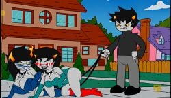 1boy 2girls boots collar dog_walking edit edited_official_artwork edited_screencap globes gray_skin heel_boots homestuck homestuck_troll karkat_vantas leash leashed_collar leotard non_human notagoodguy1_(autor) orange_horn orange_horns spike_collar terezi_pyrope the_most_accurate_artstyle_dude,_like.._this_shit_looks_like_high_art vriska_serket walking yellow_sclera