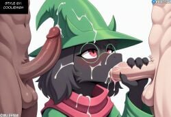 ai_generated anthro anthro_penetrated balls black_body black_fur blush bodily_fluids bovid clothed clothing cum cum_in_mouth cum_inside deltarune erection eyewear faceless_character faceless_male fellatio fur genital_fluids genitals glans glasses goat green_clothing green_hat green_headwear group group_sex hat headgear headwear heart hellsonger hi_res human human_on_anthro human_penetrating_anthro humanoid_genitalia humanoid_penis interspecies male male/female male/male male_on_anthro mammal oral oral_penetration penetration penile penis ralsei robe scarf sex simple_background threesome trio undertale_(series) white_background