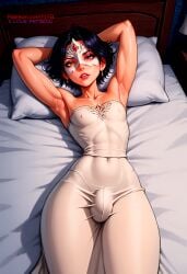 1boy ai_generated armpits bed bedroom black_hair brown_eyes bulge bulge_through_clothing ear_piercing earrings femboy flat_chest ilfb looking_at_viewer mask masked masked_male on_bed pillow short_hair trap