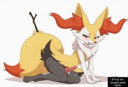 ai_generated anthro balls blush bodily_fluids braixen canid collar cum ear_piercing erection fur generation_6_pokemon genital_fluids genitals girly heart hellsonger hi_res humanoid_genitalia humanoid_penis inner_ear_fluff jewelry looking_at_viewer male mammal nintendo penis piercing pokemon pokemon_(species) precum red_eyes simple_background smile solo thick_thighs tuft white_background white_body white_fur yellow_body yellow_fur