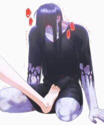 1boy absurdres black_hair black_kimono blood blood_on_face bulge erection erection_under_clothes female highres homicipher japanese_clothes kimono kneeling long_hair male_focus n_gb00 simple_background straight white_background