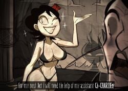 1girls backround bikini bikini_only black_hair blush charlie_(don't_starve) mawile123 maxwell_(don't_starve) public_exposure shocked_expression smile white_skinned_female