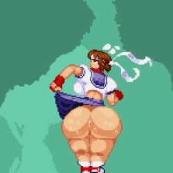 1girls alternate_version_available ass ass_focus big_ass big_breasts bottomless bottomless_skirt breasts brown_eyes brown_hair capcom female female_only from_behind gloves headband huge_ass jakodrd lifting_shirt looking_back pixel_art sakura_kasugano school_uniform schoolgirl short_hair skirt skirt_lift solo street_fighter sweat sweaty sweaty_butt thick thick_ass thick_thighs tomboy