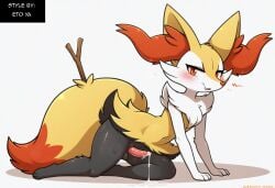 ai_generated anthro balls blush bodily_fluids braixen canid collar cum ear_piercing erection fur generation_6_pokemon genital_fluids genitals girly heart hellsonger hi_res humanoid_genitalia humanoid_penis inner_ear_fluff jewelry looking_at_viewer male mammal nintendo penis piercing pokemon pokemon_(species) precum red_eyes simple_background smile solo thick_thighs tuft white_background white_body white_fur yellow_body yellow_fur