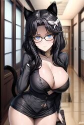 1girls ai_generated big_breasts black_hair breasts cat_ears catgirl enormous_breasts female female_focus female_only glasses hair huge_breasts large_breasts looking_at_viewer mature_female milf nipples thick_thighs thighs