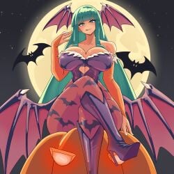 1girls bat big_breasts breasts darkstalkers female female_only green_eyes green_hair head_wings huge_breasts konaloid large_breasts long_hair moon morrigan_aensland wings