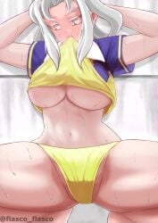 akasode_matsuri_(inazuma_eleven) arms_behind_head barefoot biting biting_clothes breasts female furasuko_(sea-gull-chop) gold_panties grey_eyes grey_hair highres huge_breasts inazuma_eleven_(series) inazuma_eleven_victory_road lifting_own_clothes navel raimon raimon_soccer_uniform short_sleeves soccer_uniform solo sportswear squatting sweat twitter_username underboob