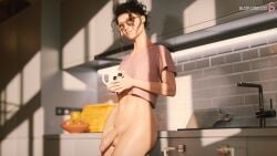 1futa 3d balls big_penis black_hair black_hair_futa bottomless futanari holding_cup kitchen light-skinned_futanari light_skin penis slop_art tagme testicles