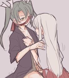 2girls blindfold_slip cum cum_on_body cum_on_upper_body futanari gmgt_(gggggg3) hair hair_ribbon handjob intersex japanese_clothes kantai_collection long_hair multiple_girls open_clothes penis ribbon shoukaku_(kantai_collection) tied_hair trembling twintails zuikaku_(kantai_collection)