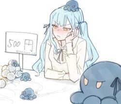 :/ animal_on_head animalization arms_on_table artist_name bang_dream! bang_dream!_it's_mygo!!!!! black_ribbon blue_hair booth_seating casual chinese_commentary closed_mouth commentary_request creature egg embarrassed female hair_ribbon hand_on_own_face hatching head_rest long_hair looking_to_the_side neck_ribbon octopus on_head price pussy_juice ribbon shirt simple_background sleeve_cuffs solo swept_bangs togawa_sakiko twitter_username two_side_up v-shaped_eyebrows white_background white_shirt yellow_eyes yukikuma_(yukikuma_018)