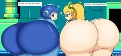 1boys 1girls ass ass_expansion ass_focus big_ass big_butt blonde_female blonde_hair brother_and_sister capcom fat_ass female huge_ass huge_butt maika88 male mega_man mega_man_(character) pillow_shading ribbon roll talking text text_box thick_ass thick_thighs