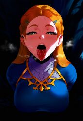 1girls ai_generated aroused blonde_hair blush ene forest heavy_breathing horny horny_female imminent_oral lips naughty_face night nintendo open_mouth outdoors presenting princess_zelda solo sweat the_legend_of_zelda the_legend_of_zelda:_breath_of_the_wild tongue tongue_out upper_teeth waiting