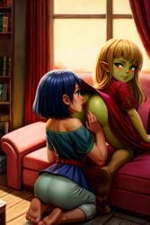 2girls ai_generated ass ass_grab ass_up ass_worship butt_grab butt_worship clothed_sex elf_female exposed_ass goblin goblin_female hand_on_butt kneeling_female looking_down presenting_ass yuri