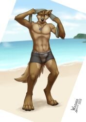 2015 4_toes annoyed anthro arany artist_name athletic athletic_anthro athletic_male barefoot beach black_claws black_nose black_pawpads blurred_background boxers_(clothing) boxers_only brown_body brown_fur bulge canid canine canis cheek_tuft chin_tuft claws clothed clothing cloud day depth_of_field detailed_bulge digitigrade dog_tags english_text facial_tuft feet fingers fluffy fluffy_tail footprint fur genital_outline green_eyes head_tuft hi_res holding_object holding_towel inner_ear_fluff looking_at_viewer male mammal multicolored_body multicolored_fur navel neck_tuft one_eye_closed outside pawpads pawprint pawprint_clothing paws pecs sand sea shaded signature sky soft_shading solo standing tail tan_body tan_fur text toe_claws toes topless towel tuft two_tone_body two_tone_fur underwear underwear_only wagnermutt water wide_eyed wolf