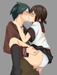 2girls absurdres androgynous black_hair cum cum_in_pussy female fubuki_(kantai_collection) futa_on_female futa_with_female futanari hair highres hourglass_figure intersex kantai_collection kissing kissing_while_penetrated mogami_(kantai_collection) multiple_girls panties penis pleated_skirt ponytail saliva saliva_trail school_uniform serafuku sex short_hair shorts skirt standing_sex suspended_congress tied_hair umonebi underwear vaginal_penetration