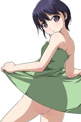 arm arms ass back bare_back bare_legs bare_shoulders black_hair blush bottomless dress female green_dress hair_between_eyes highres legs looking_at_viewer looking_back matsunaga_kouyou naked_towel neck original parted_lips purple_eyes see-through short_hair shy simple_background solo standing towel white_background