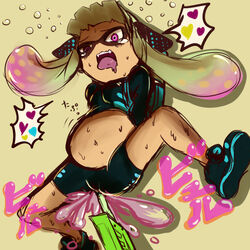 agent_3_(splatoon) anthro bike_shorts cephalopod cephalopod_humanoid enema female gradient_hair green_hair heart hgs humanoid inflation inkling inkling_girl long_hair mask_(marking) multicolored_hair nintendo one_eye_closed pink_eyes pink_hair pointy_ears slime slime_inflation slime_monster smooth_skin solo splatoon spoken_heart squid stomach_bulge suggestive_fluid super_soaker sweat teardrop tentacle tentacle_hair tied_hair twintails wince