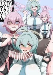 3girls ? age_difference ahoge aqua_hair bar_censor black_gloves black_skirt blue_archive blue_eyes blue_necktie blush breasts censored chastity_cage chest_harness clone_harem closed_eyes clothes_lift collar collared_shirt dual_persona erection flat_chastity_cage futa_with_female futanari gloves hair_between_eyes halo hand_on_another's_shoulder hand_up harness heterochromia highres hoshino_(blue_archive) hoshino_(first_year)_(blue_archive) kumasan_(kumazonjp) large_breasts large_penis lifting_own_clothes long_hair long_sleeves multiple_girls necktie onee-loli open_mouth penis penis_size_difference pink_hair pink_halo shirt shirt_tucked_in skirt skirt_lift smile spoken_question_mark sweat testicle_grab testicles textless_version time_paradox trembling white_shirt yellow_eyes yellow_halo yume_(blue_archive)