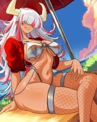 1girls big_breasts bikini blush breasts commission cropped_jacket crossed_legs female fishnet_legwear fishnet_stockings fishnets hair_over_eyes highleg horns large_breasts long_hair looking_at_viewer navel o-ring_bikini o-ring_top original pink_hair silver_bikini skindentation solo streaked_hair summer swimsuit thick_thighs two_tone_hair underboob vlizz white_hair