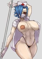 1girls 2024 2d_(artwork) artist_signature august bandage bandage_on_nipple bandage_on_nipples bandaged_breasts bare_breasts bare_thighs bare_tits belly belly_button black_thong blue_hair blue_hair_female braless breasts busty busty_female curvy curvy_female curvy_figure exposed_belly exposed_belly_button facemask female female_focus female_only fit_female frederpahl gloved_hands grey_background headwear heavy_breasts heavy_tits highres holding_pole huge_boobs huge_breasts lab_zero_games mask masked masked_female metal_pole no_bra no_bra_under_clothes no_sex nurse_cap nurse_clothing nurse_hat nurse_headwear nurse_outfit nurse_uniform partially_clothed pole red_cross red_eyes red_eyes_female skullgirls solo_female solo_focus thick_thighs thighs thong twitter_handle twitter_link valentine_(skullgirls) white_clothes white_clothing white_glove white_gloves white_headwear white_mask